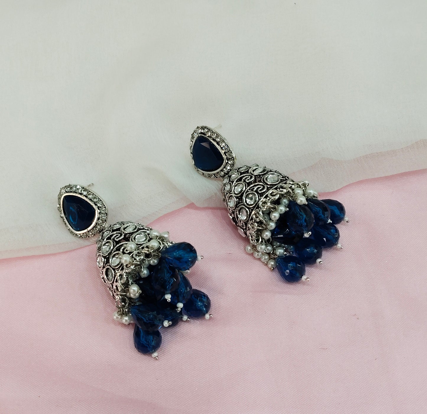 Blue Oxidized Metal Helsinki Jhumka Earrings Set