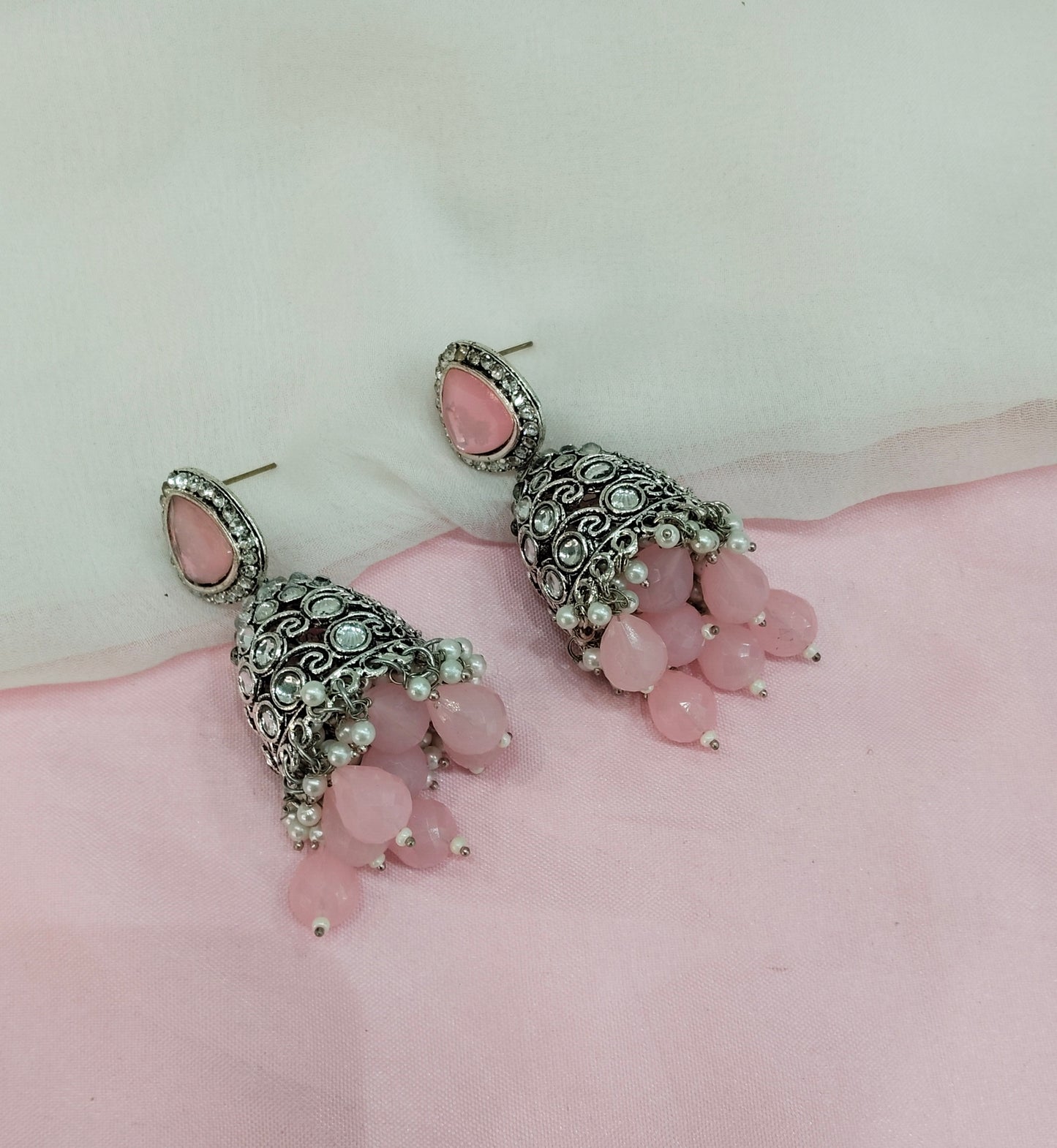 Pink Oxidized Metal Helsinki Jhumka Earrings Set