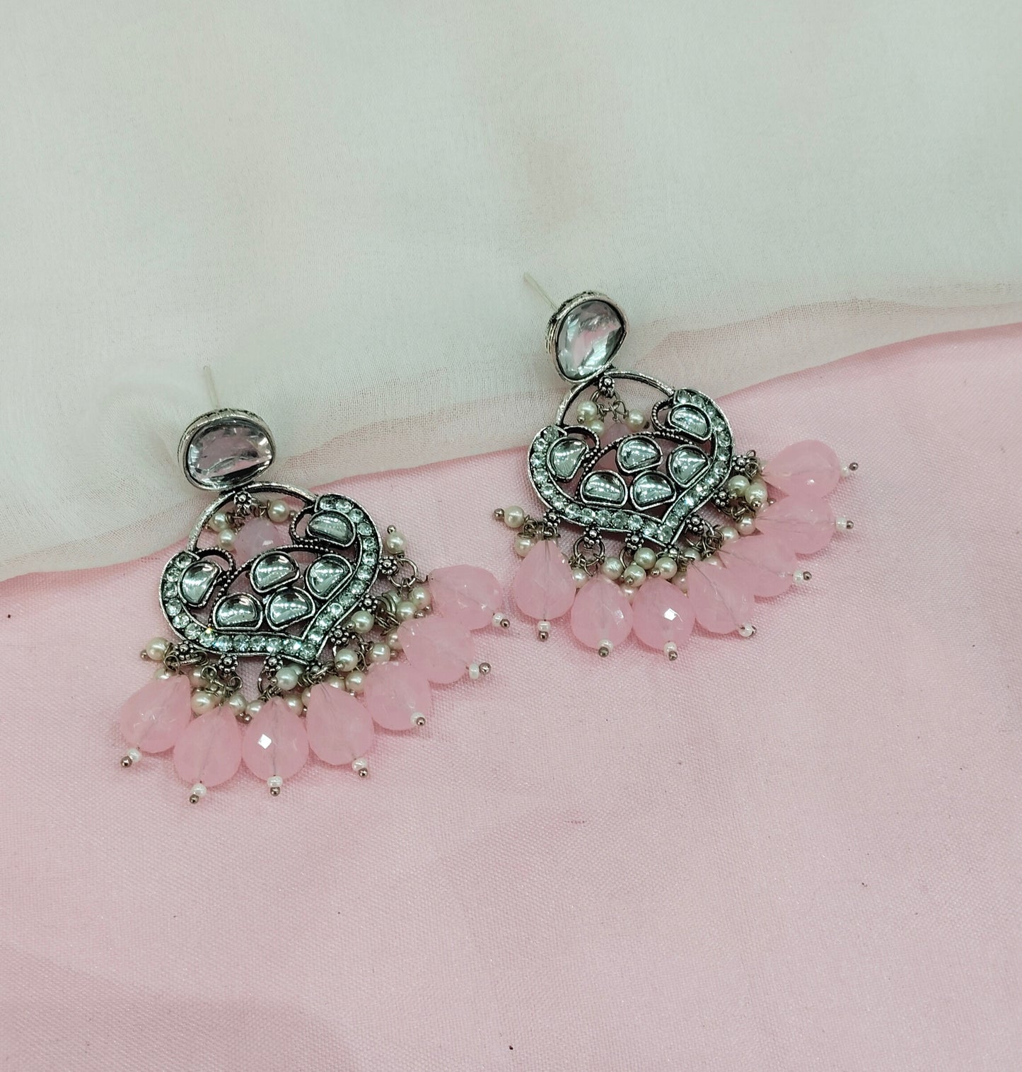 Pink Oxidized Metal Pushpa Earrings Set