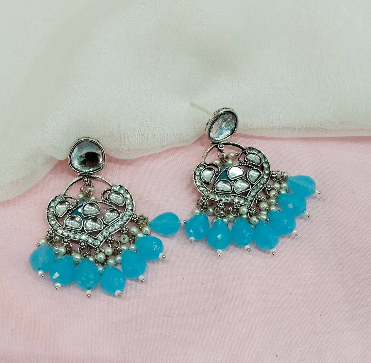 Sea Green Oxidized Metal Pushpa Earrings Set