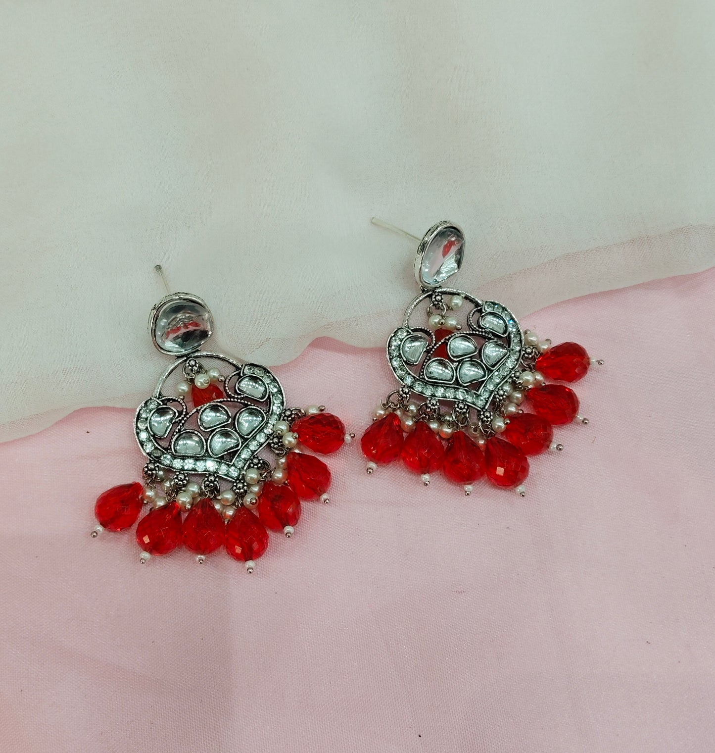 Red Oxidized Metal Pushpa Earrings Set