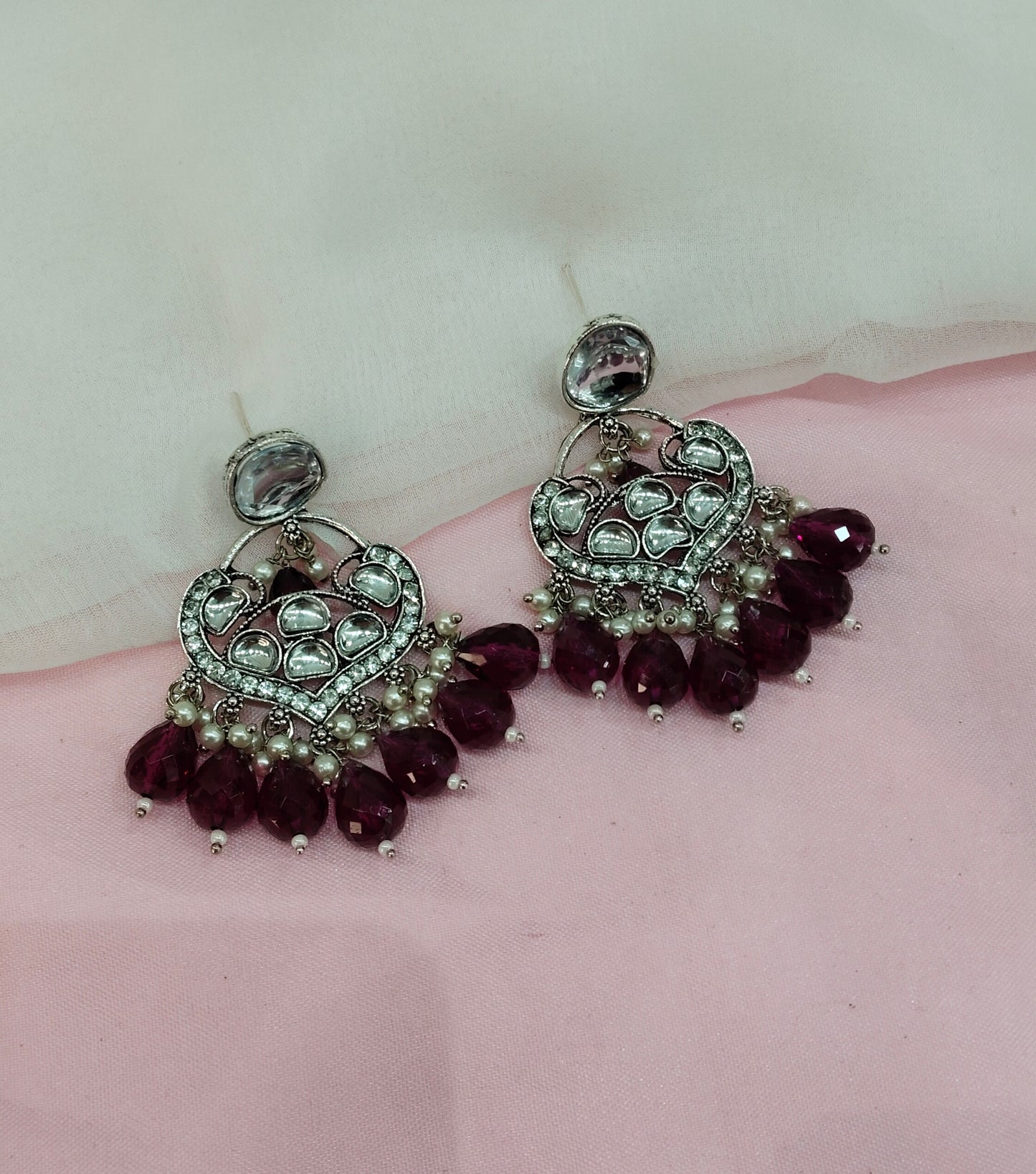 Purple Oxidized Metal Pushpa Earrings Set