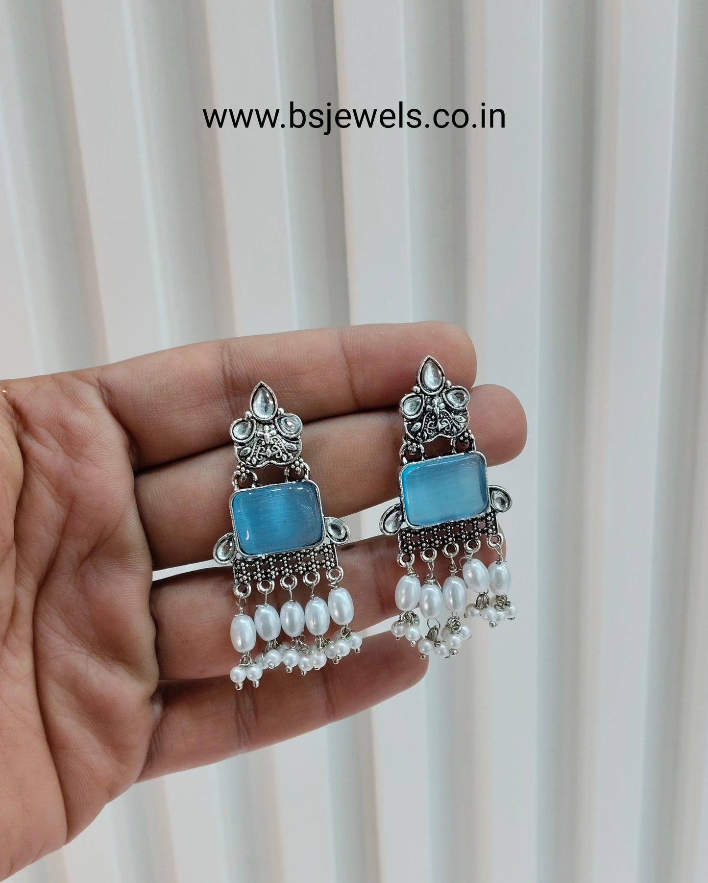 Sky Blue Oxidized Metal Roman Earrings Set