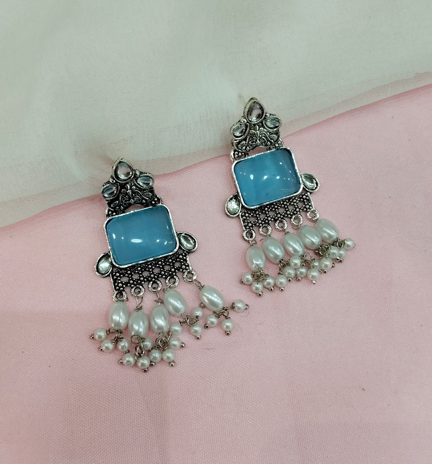 Sky Blue Oxidized Metal Roman Earrings Set