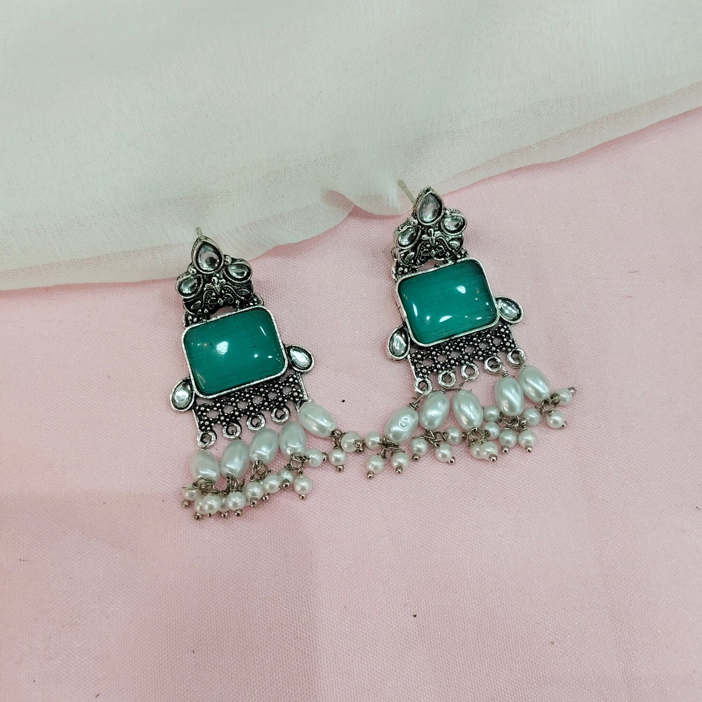 Turquoise Oxidized Metal Roman Earrings Set
