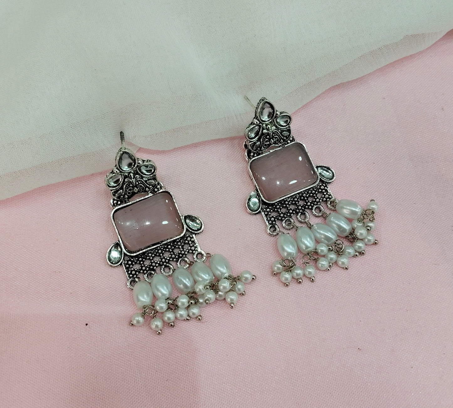 Pink Oxidized Metal Roman Earrings Set