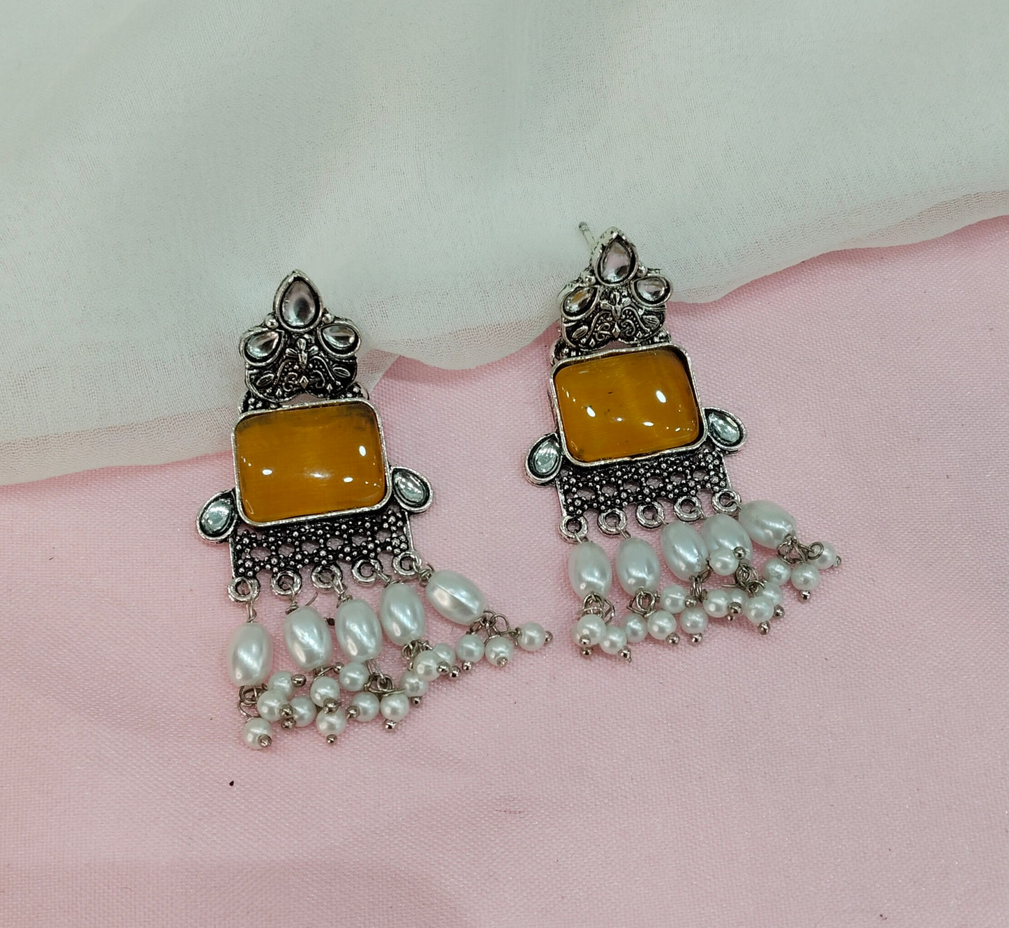 Yellow Oxidized Metal Roman Earrings Set