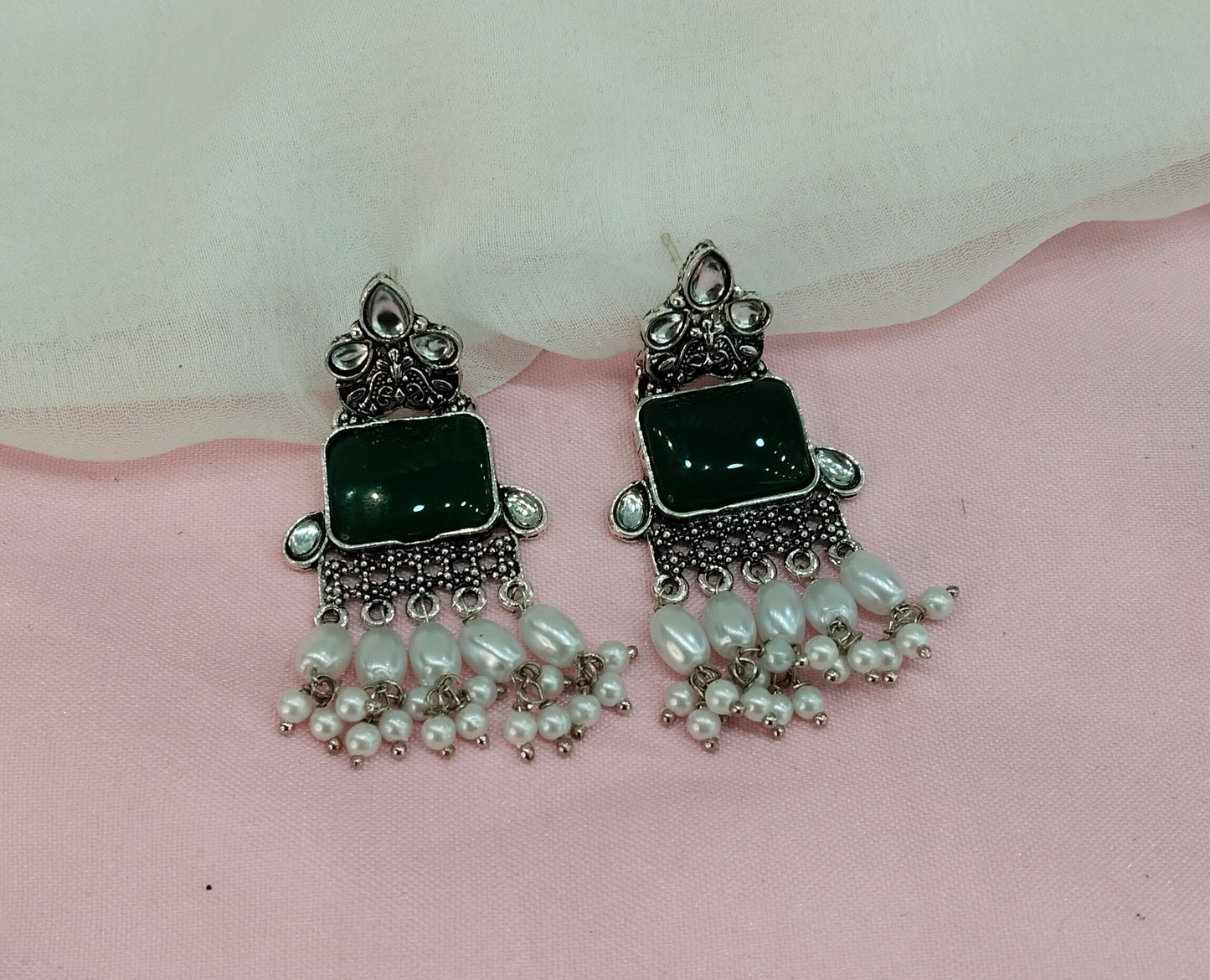 Green Oxidized Metal Roman Earrings Set