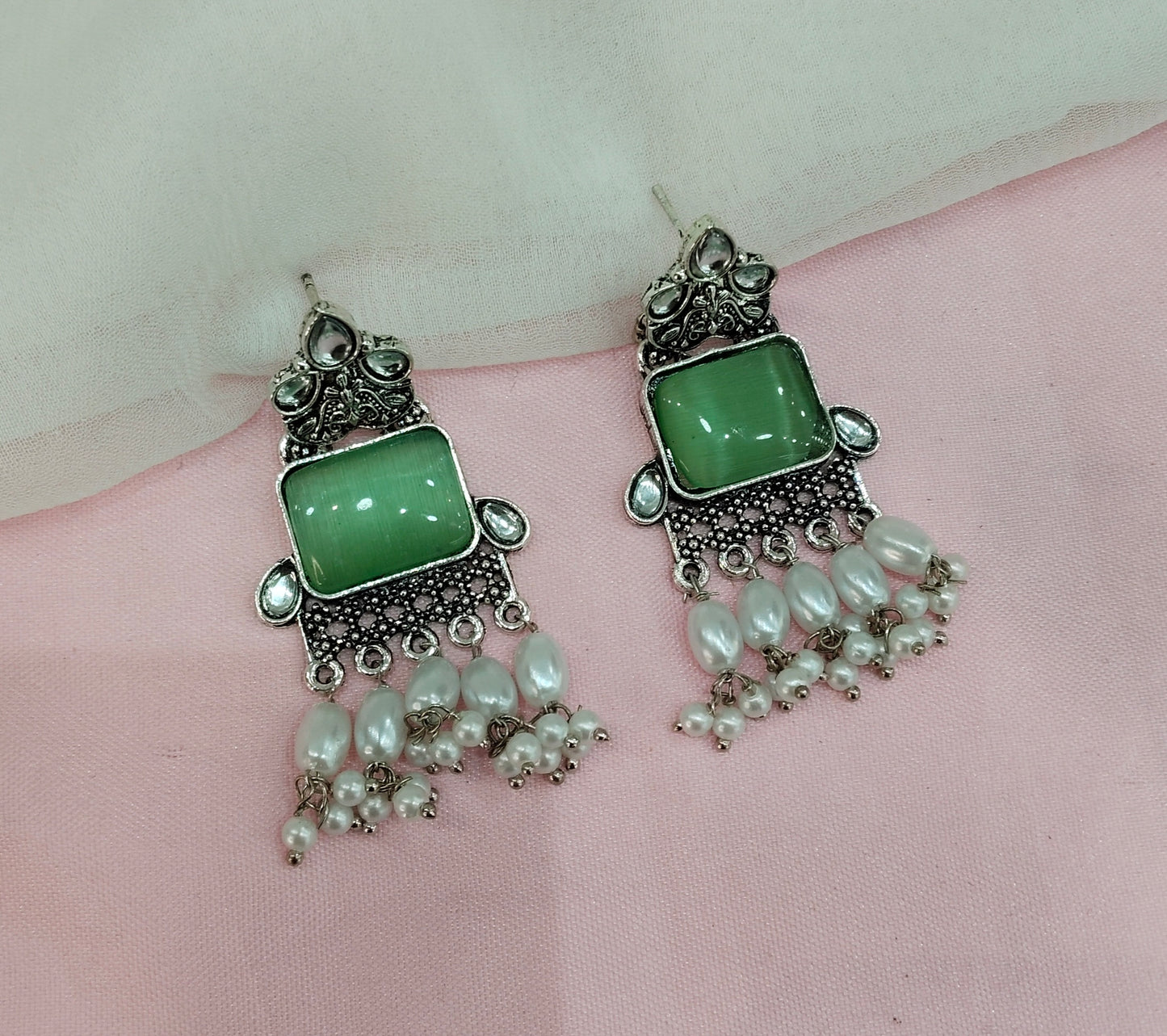 Sage Green Oxidized Metal Roman Earrings Set
