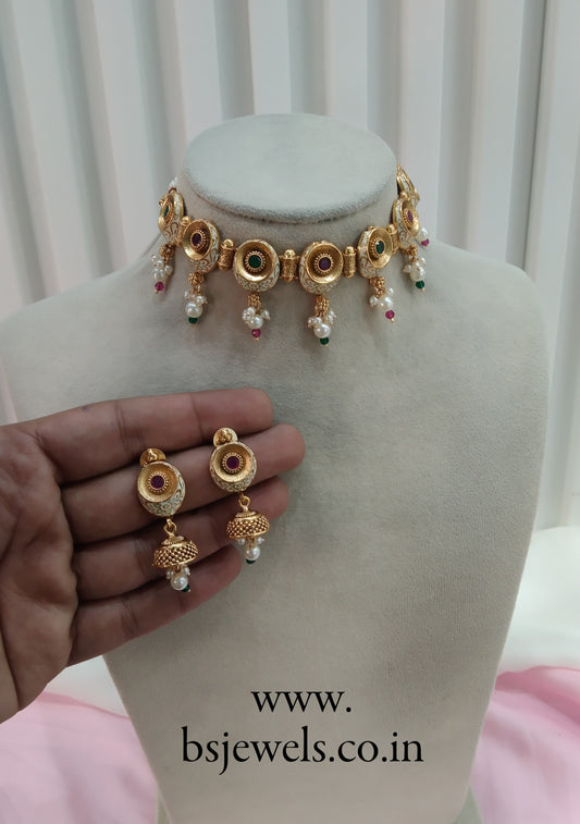 Ruby Green Gold Polki Choker Jewellery Smile Set