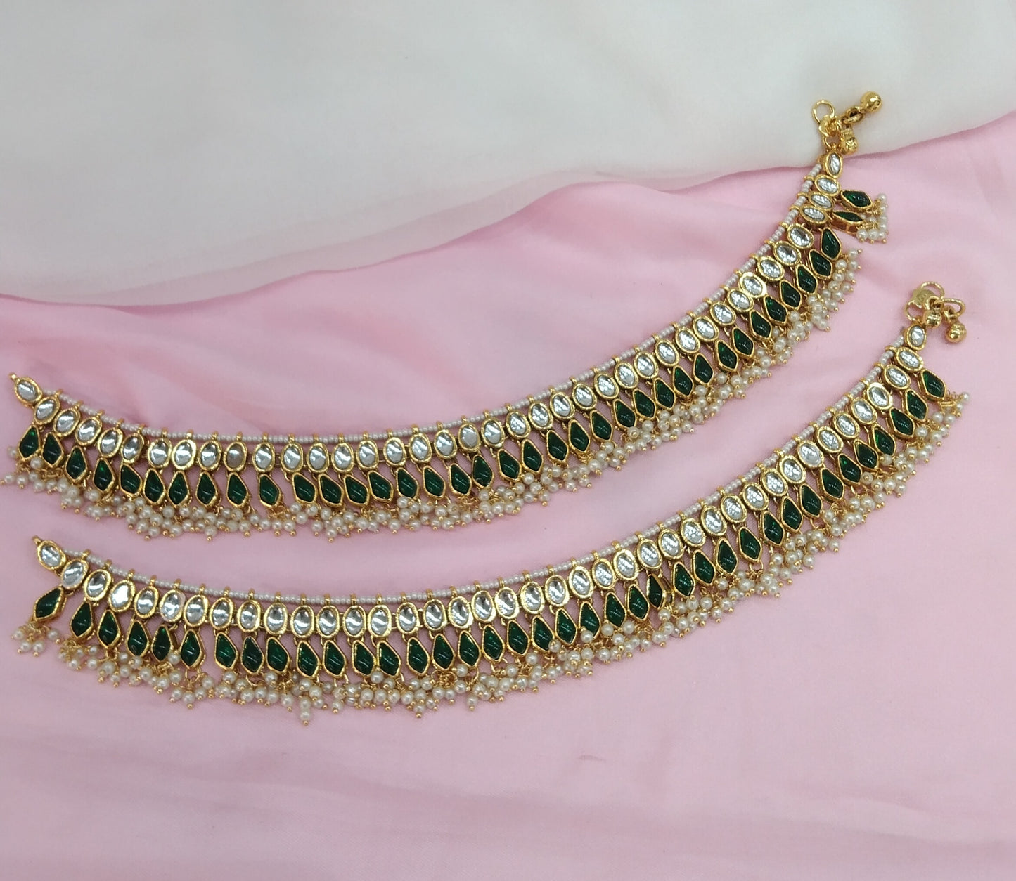 Gold Green Kundan Anklets Jhanjar Payal Jewellery opti Set
