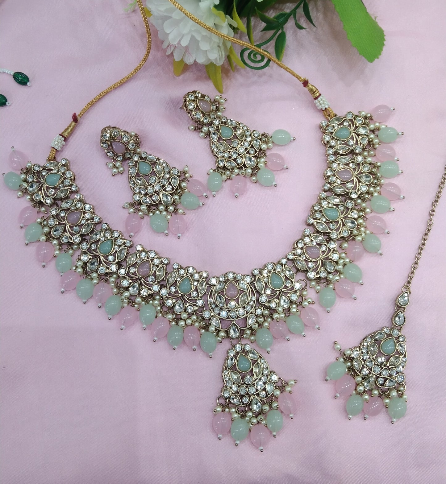 Mint Pink Antique Gold Necklace Jewellery Fjay Set