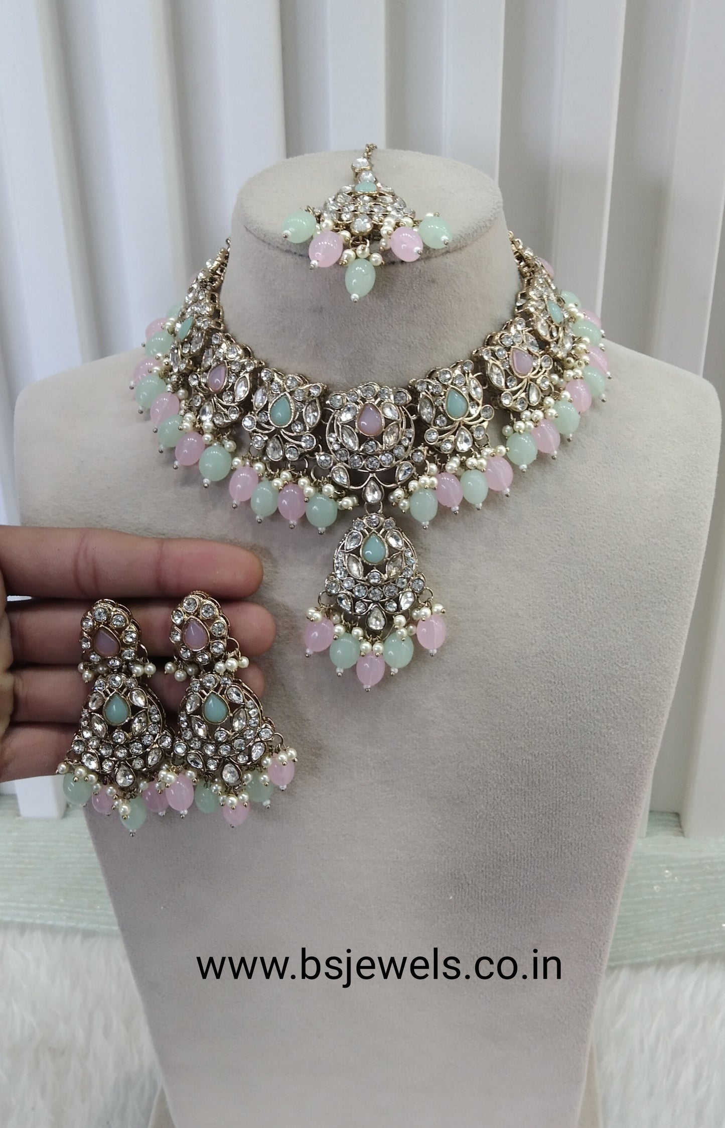 Mint Pink Antique Gold Necklace Jewellery Fjay Set