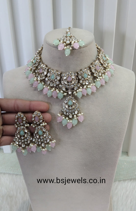 Mint Pink Antique Gold Necklace Jewellery Fjay Set