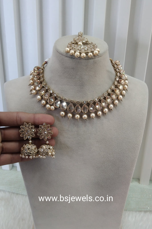 Antique Gold Champagne Stone Necklace Jewellery Jagat Set