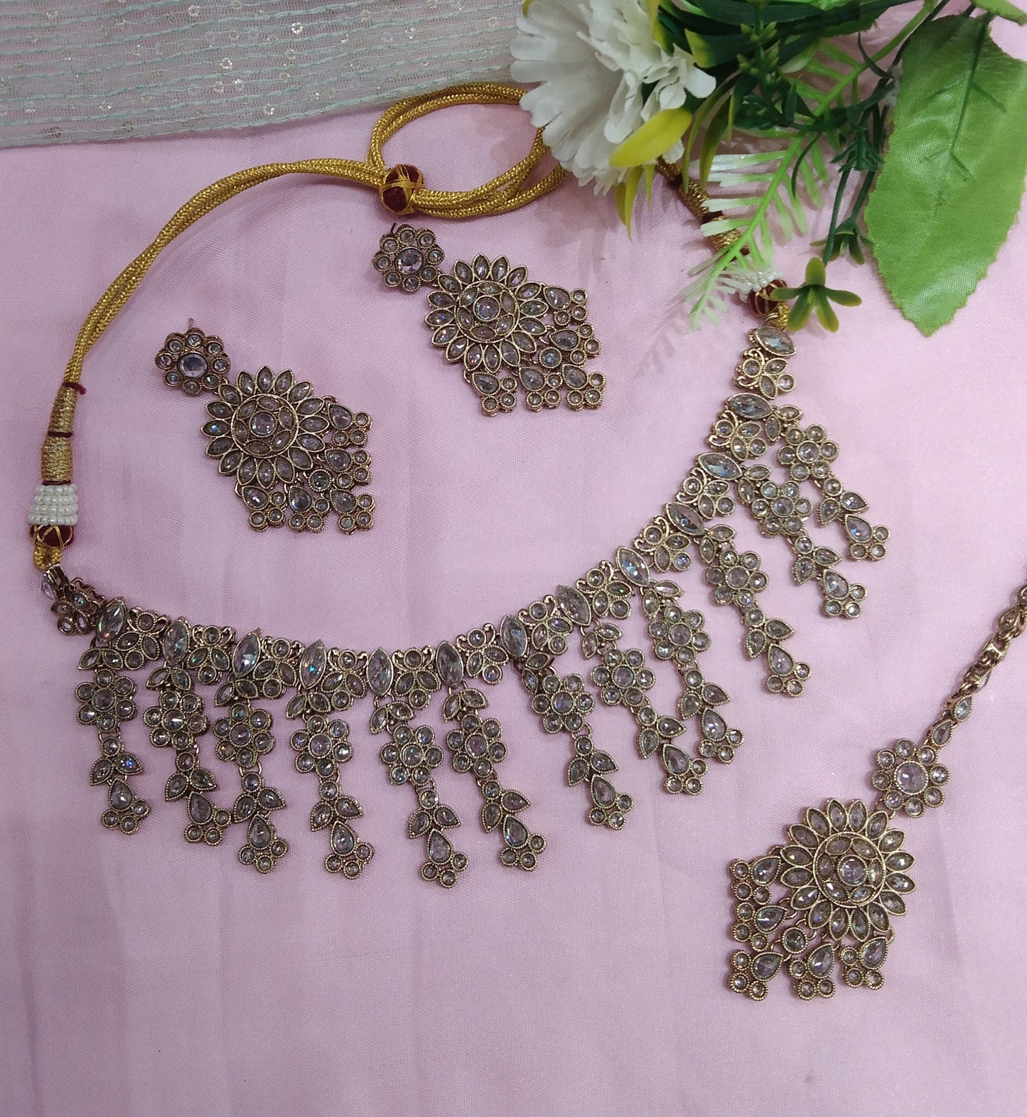 Antique Gold Champagne Stone Necklace Jewellery Jagat Set