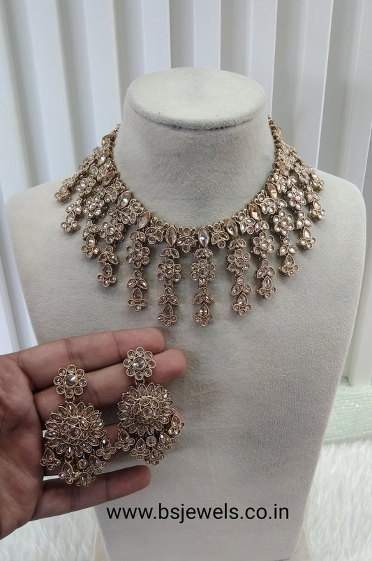 Antique Gold Champagne Stone Necklace Jewellery Jagat Set