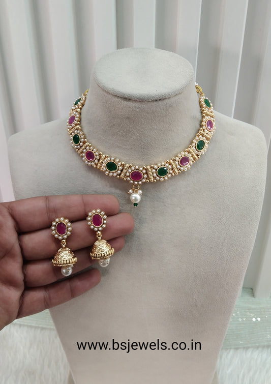 Ruby Green Gold Polki Necklace Jewellery Monika Set