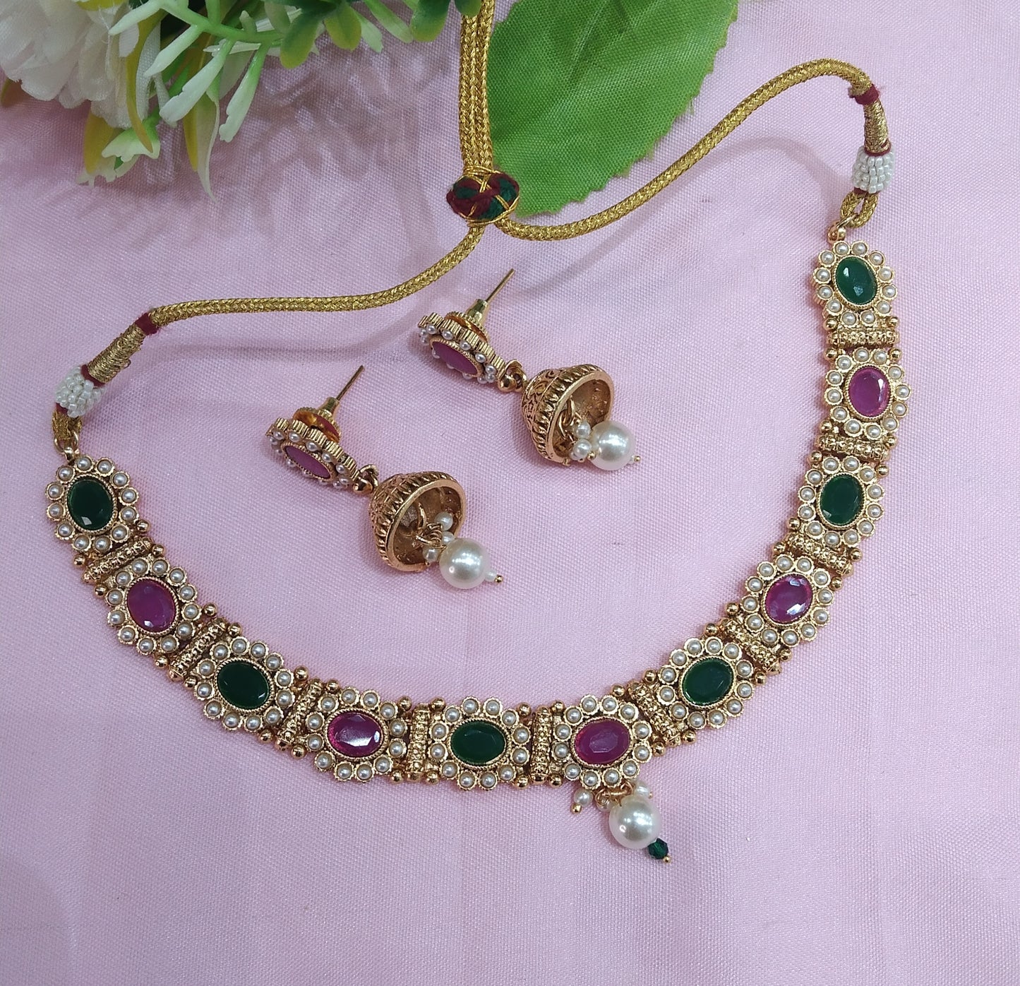 Ruby Green Gold Polki Necklace Jewellery Monika Set