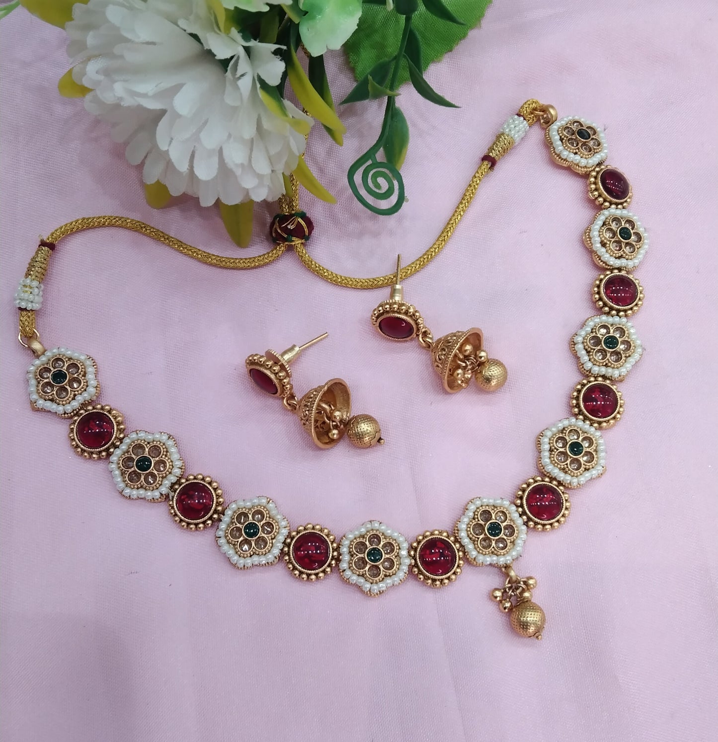 Ruby Green Gold Polki Necklace Jewellery Hanita Set