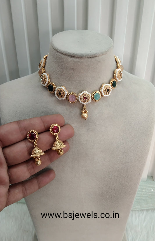 Multi Color Gold Polki Necklace Jewellery Hanita Set