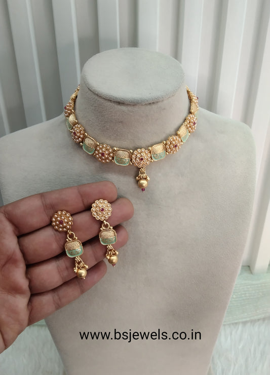 Mint Color Gold Polki Necklace Jewellery Hanita Set