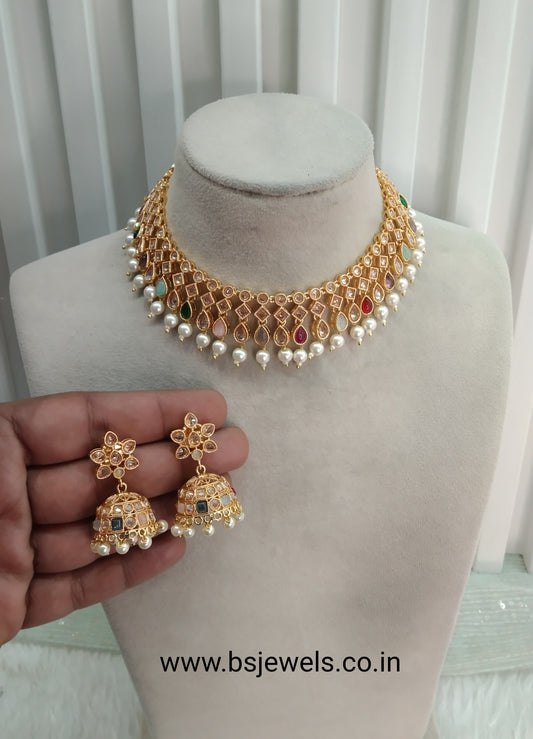 Multi Color Gold Polki Necklace Jewellery Hanita Set