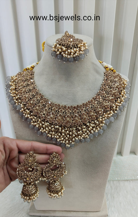 Grey Antique Gold Bridal Necklace Shallu Set