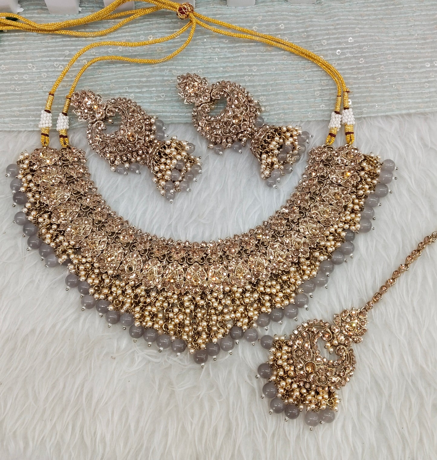 Grey Antique Gold Bridal Necklace Shallu Set