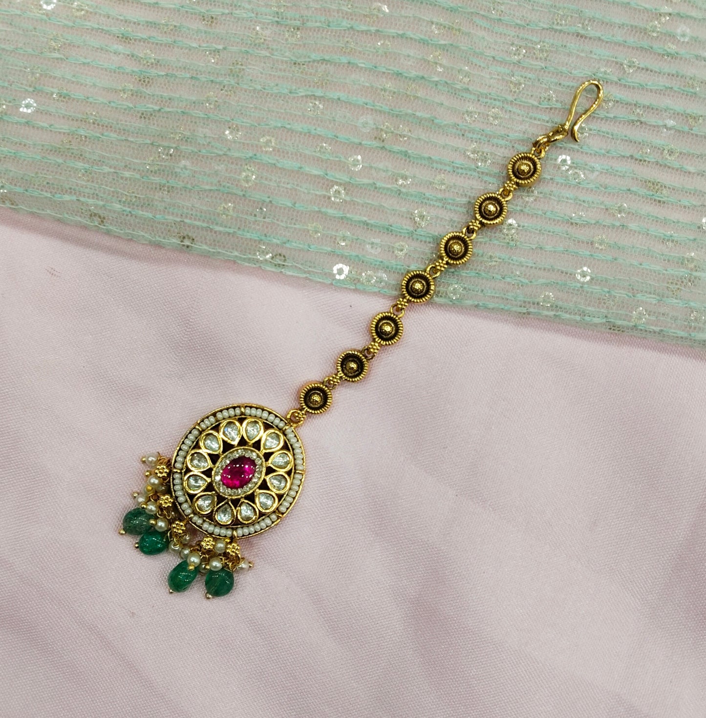 Gold polki Tikka Jewellery Headpiece Gurpiar Set