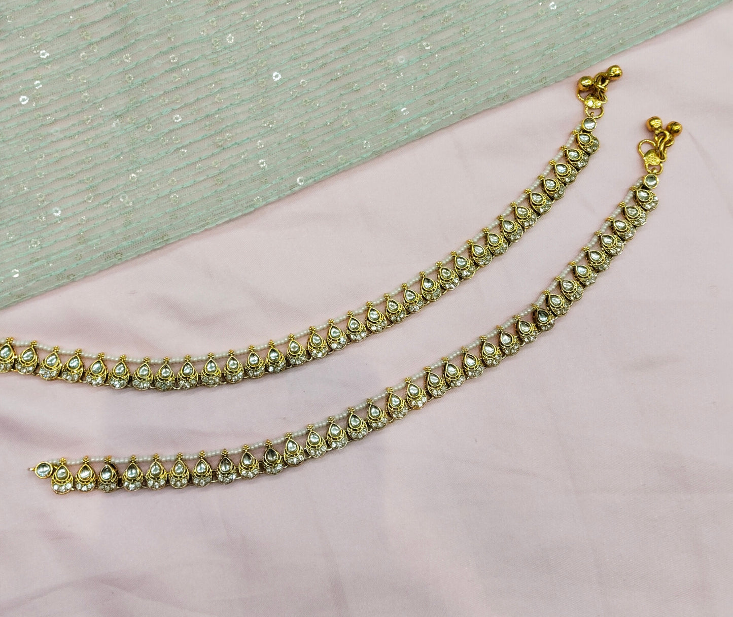 Gold White Kundan Anklets Jhanjar Payal Jewellery Prince Set