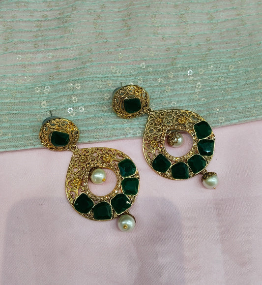 Green Gold Bollywood Earrings Jewellery Gurpyar Set
