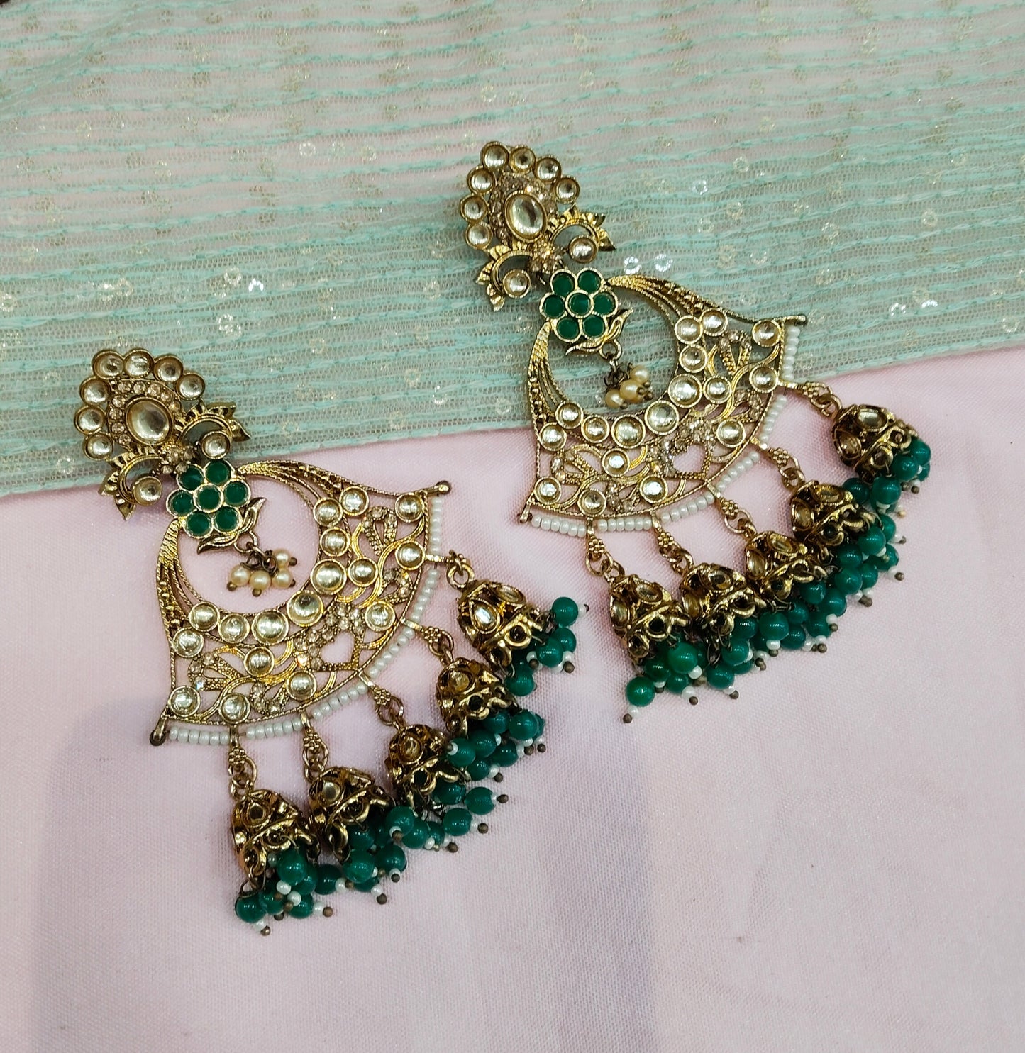 Gold Green Bollywood Earrings Jewellery Gurpyar Set