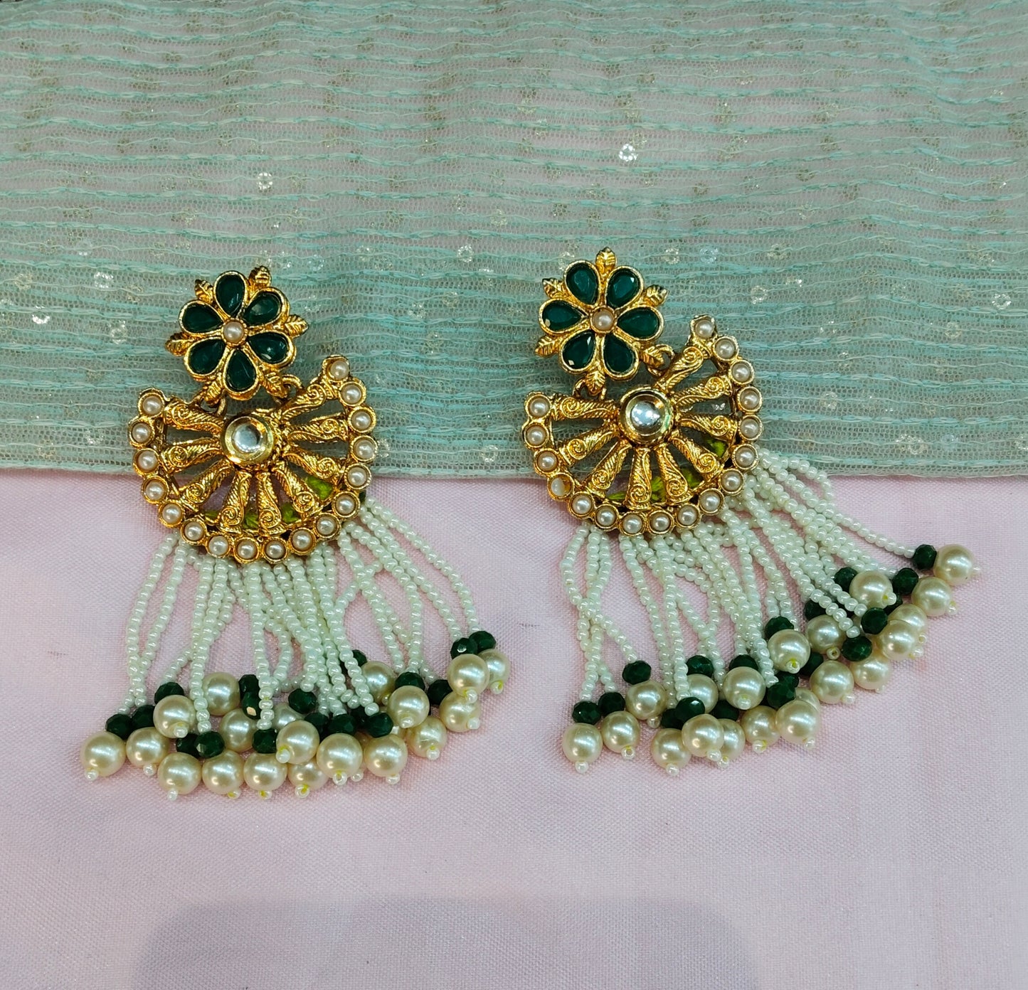 Gold Green Bollywood Earrings Jewellery Gurpyar Set