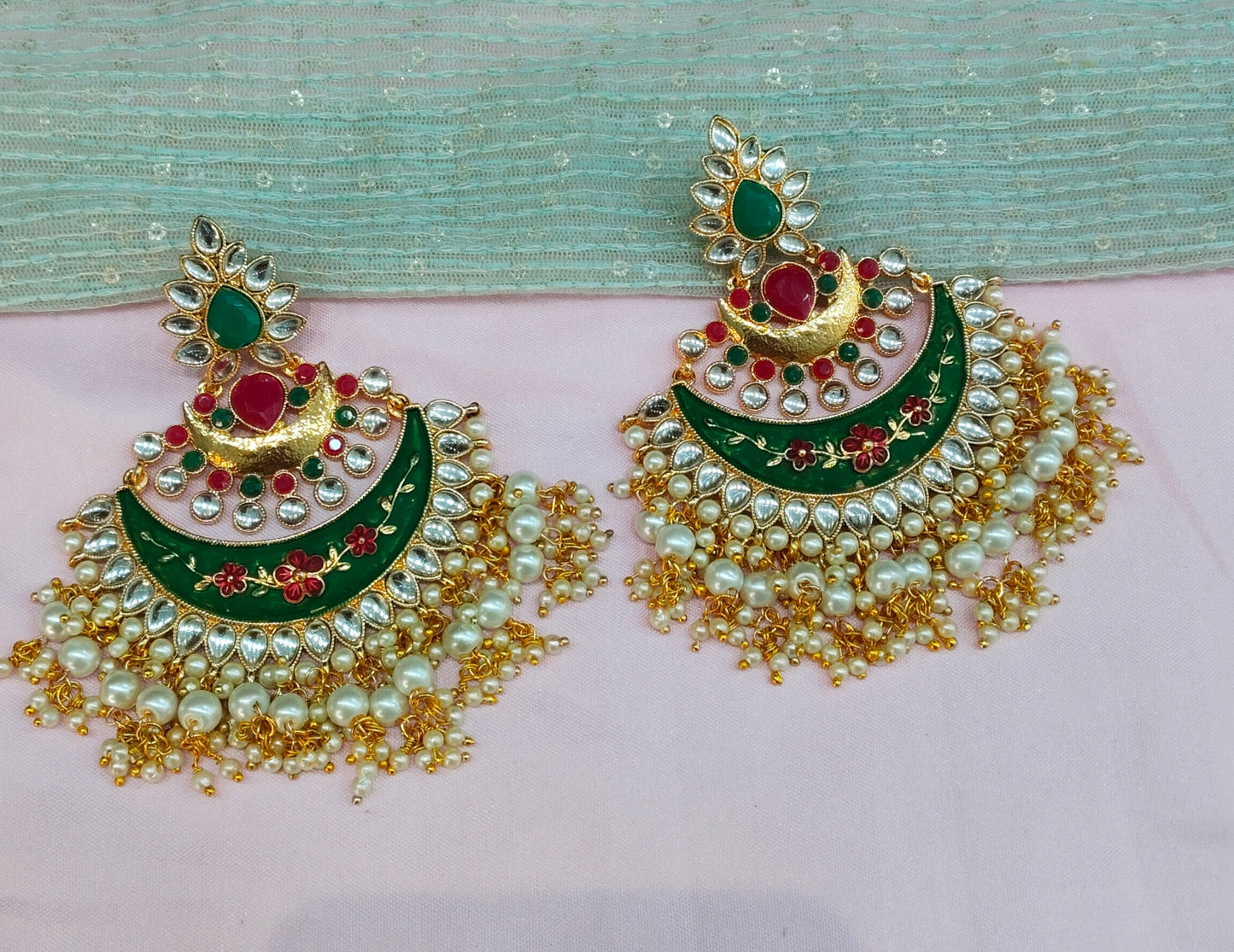 Gold Ruby Green Kundan Chandwali Bollywood Earrings Jewellery Gurpyar Set