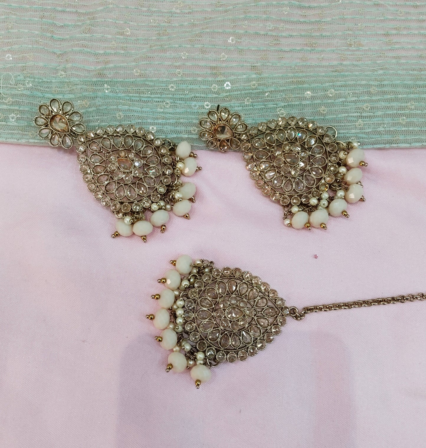Gold Pink Bollywood Rohit Earrings Tikka Set