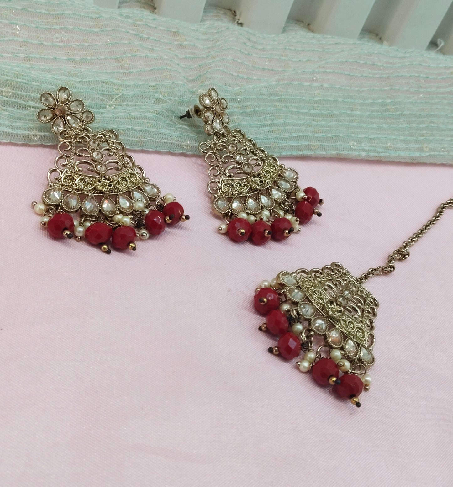 Red Bollywood Sachin Earrings Jewellery Tikka Set