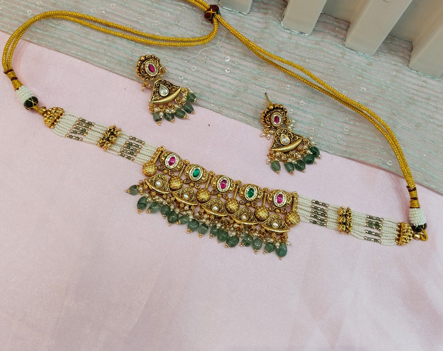 Ruby Sage Green Gold Polki Kundan Choker Necklace Jewellery Jennet Set