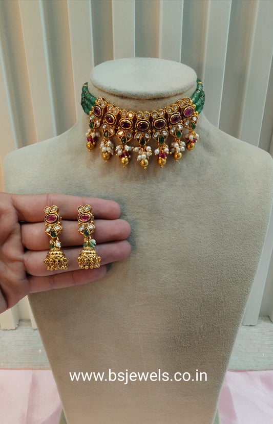 Ruby Sage Green Gold Polki Kundan Choker Necklace Jhumki Jewellery Jennet Set