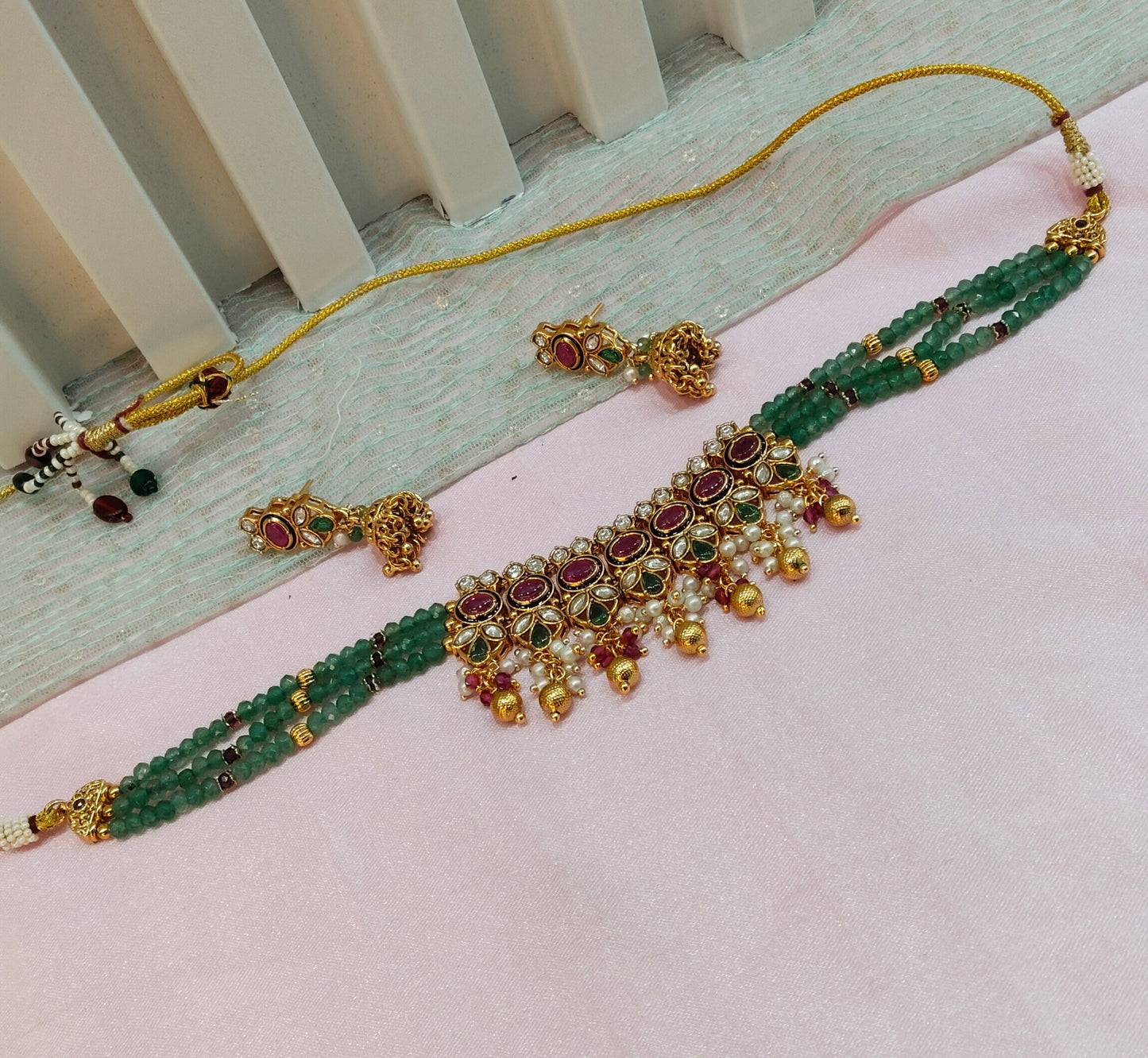 Ruby Sage Green Gold Polki Kundan Choker Necklace Jhumki Jewellery Jennet Set
