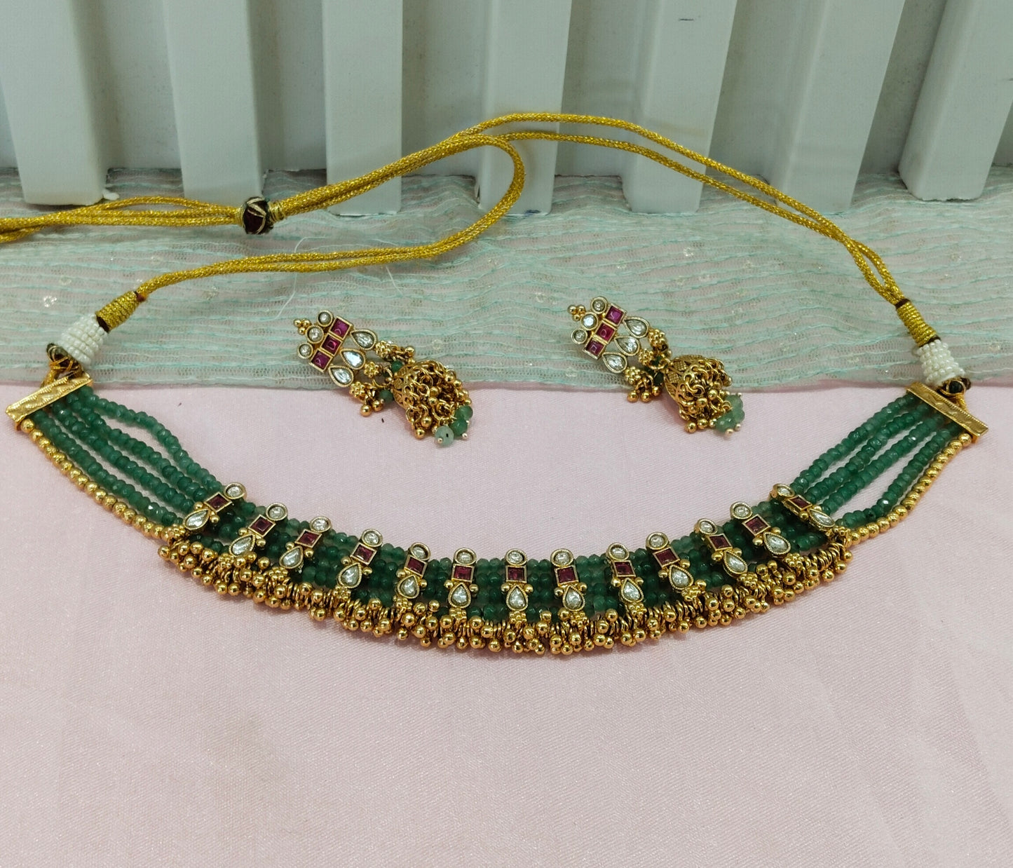 Ruby Sage Green Gold Polki Kundan Choker Necklace Jhumki Jewellery Jennet Set