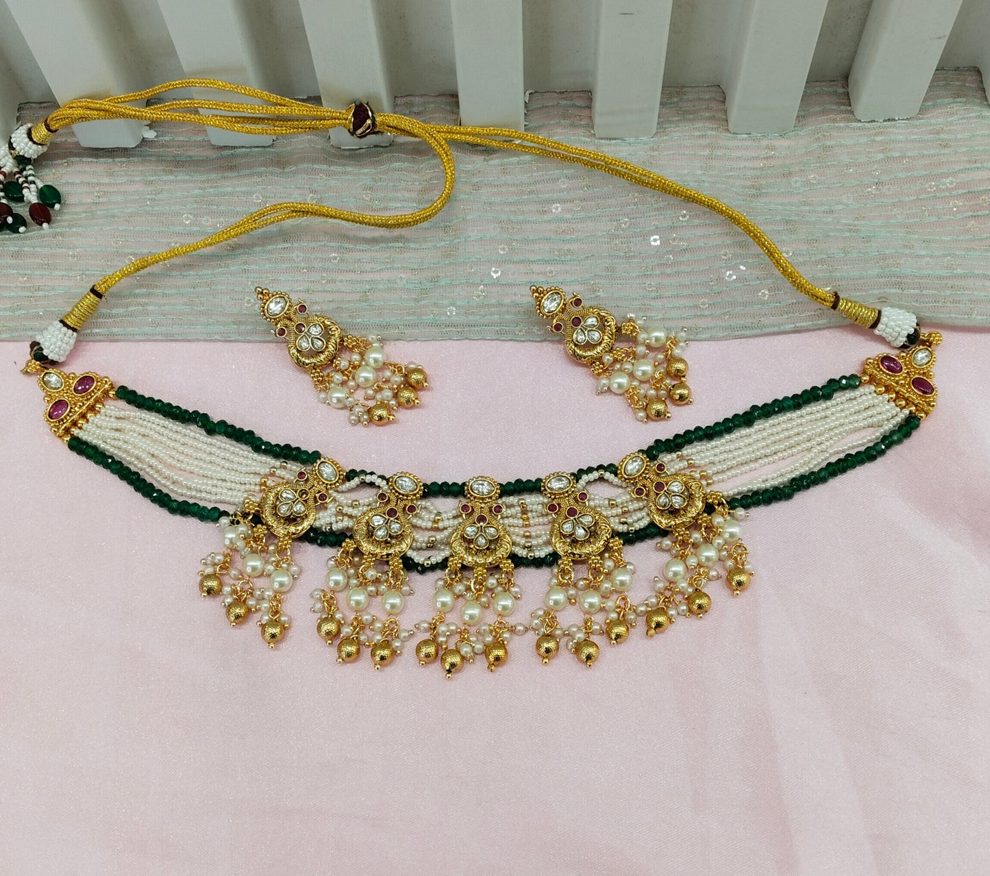 Ruby Sage Green Gold Polki Kundan Choker Necklace Jewellery Jennet Set