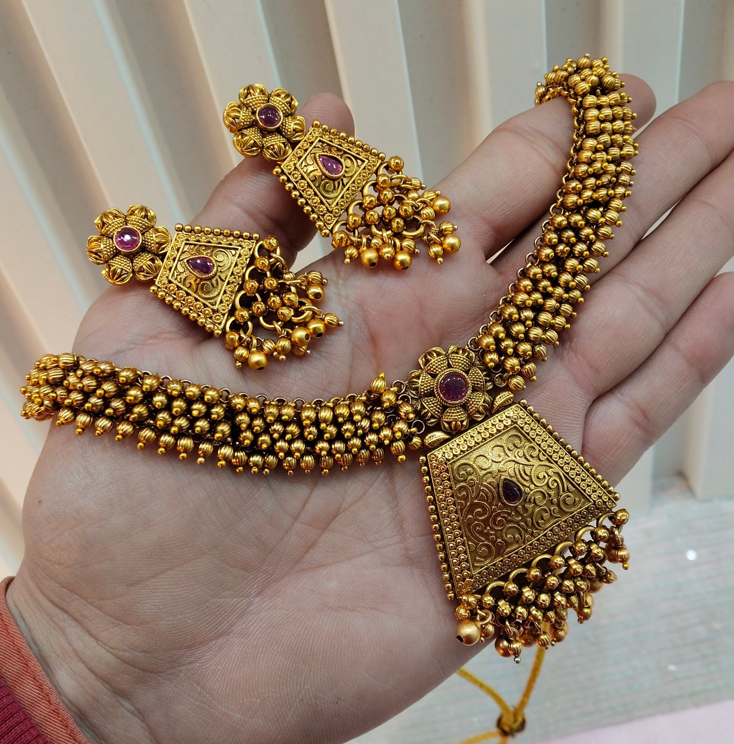 Ruby Gold Polki Necklace Jewellery Harf Set