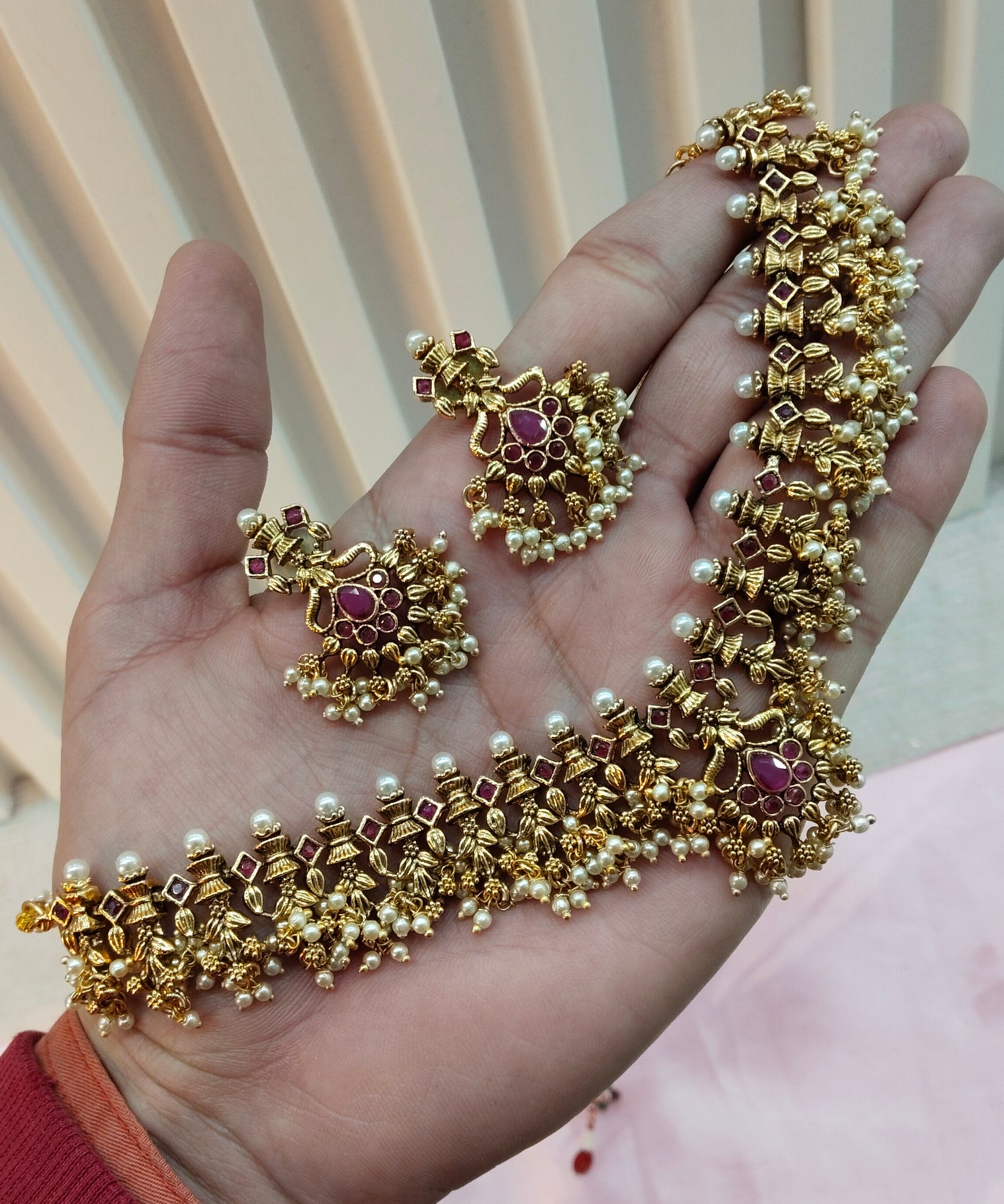 Ruby Gold Polki Necklace Jewellery Harf Set