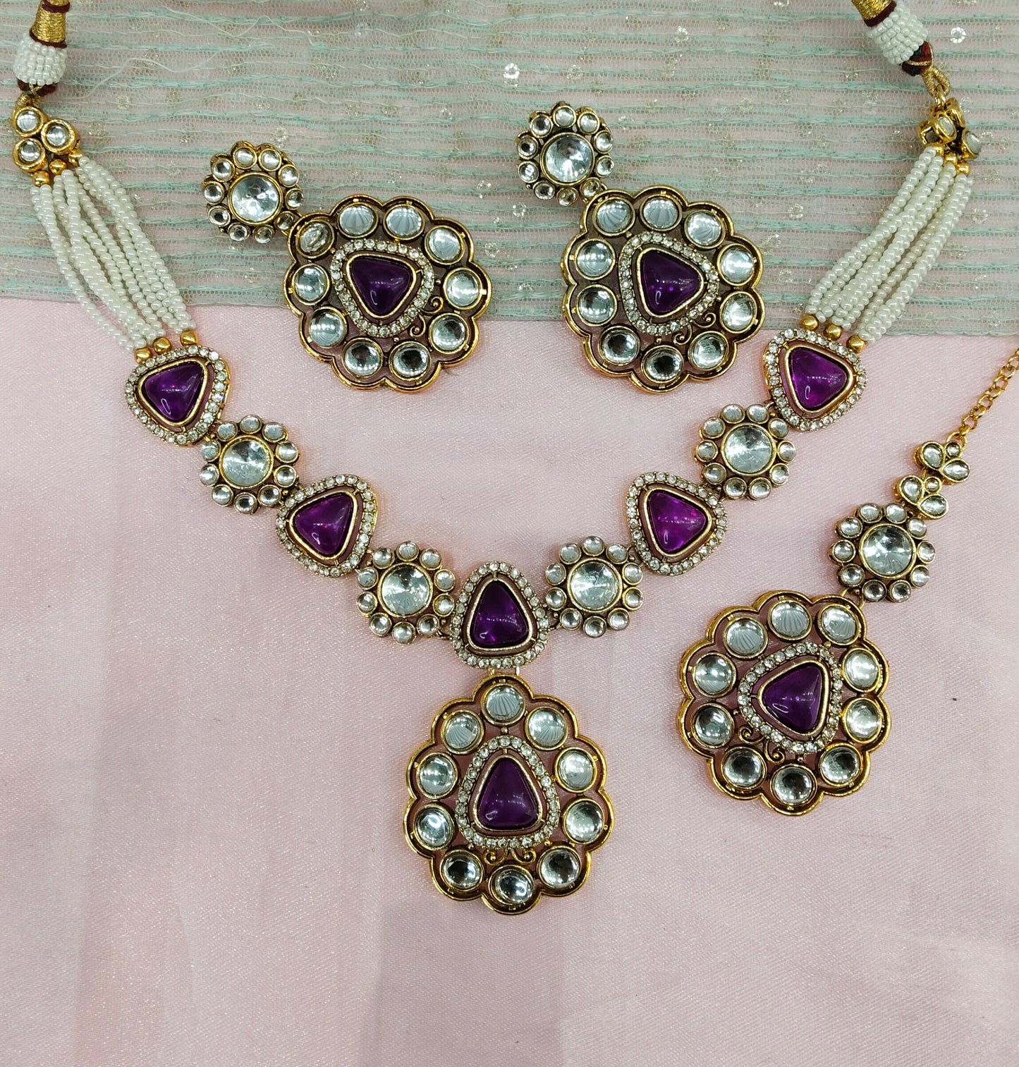 Purple Gold Kundan Necklace Jewellery Kajal Set