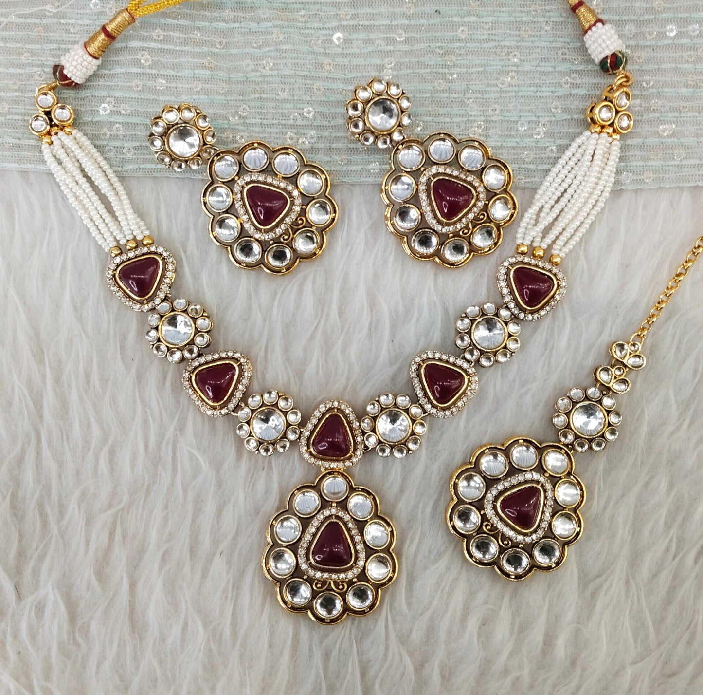Maroon Gold Kundan Necklace Jewellery Kajal Set