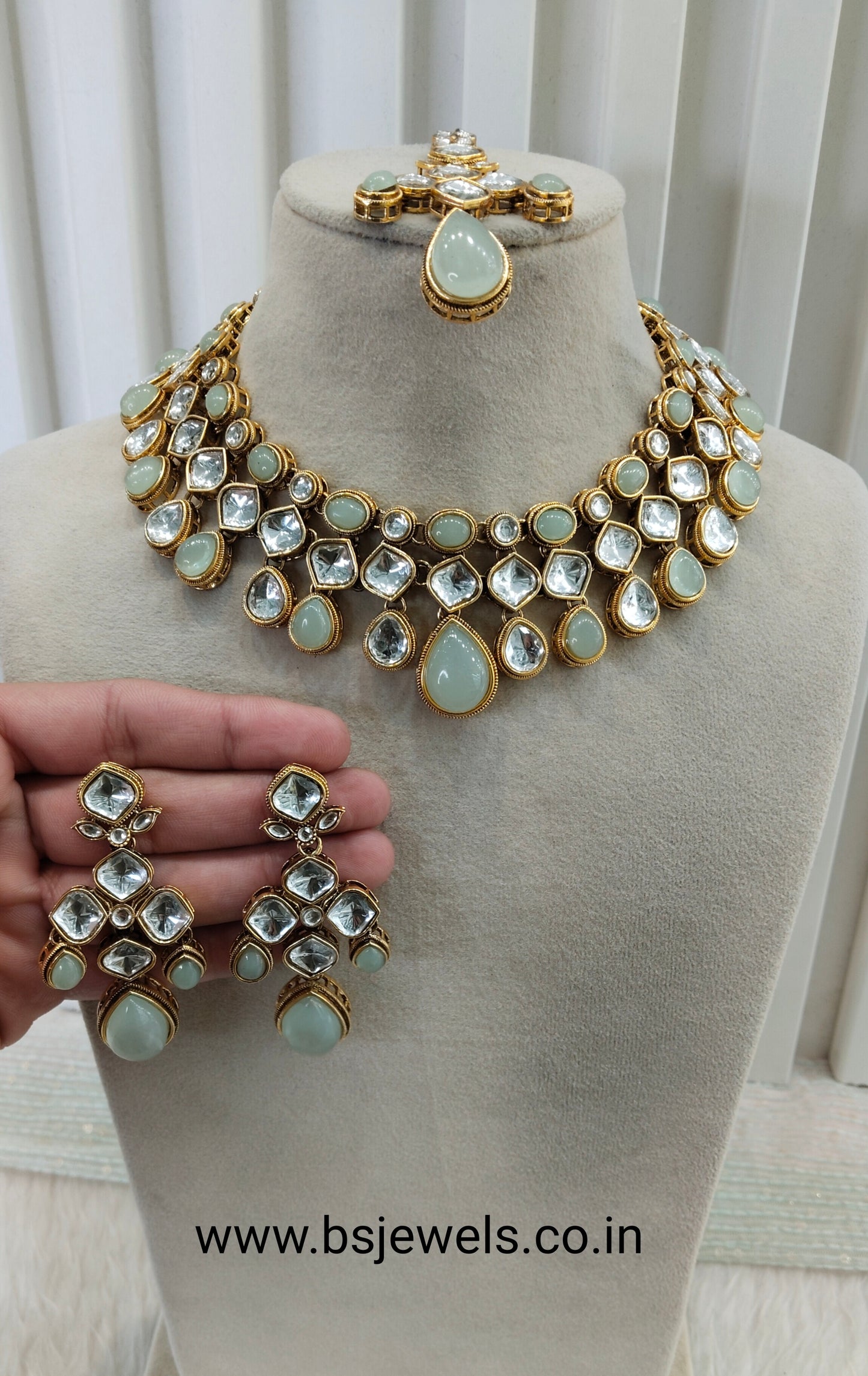 Pista Gold Kundan Necklace Jewellery Raveena Set