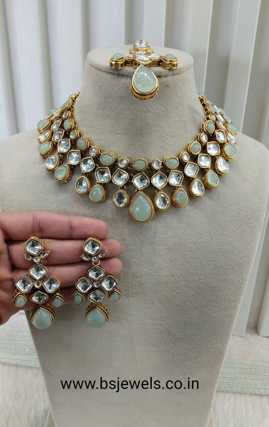 Pista Gold Kundan Necklace Jewellery Raveena Set