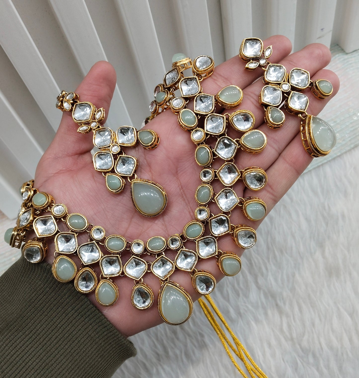 Pista Gold Kundan Necklace Jewellery Raveena Set