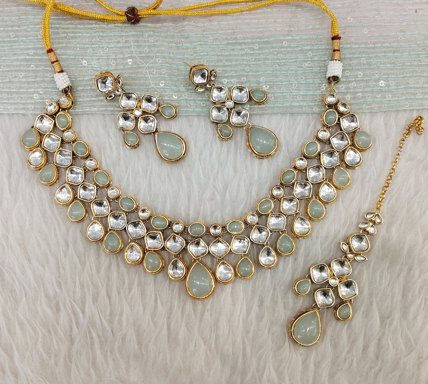 Pista Gold Kundan Necklace Jewellery Raveena Set
